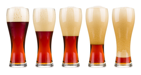 Five glasses of red beer in filling up in sequence, png isolated on transparent background