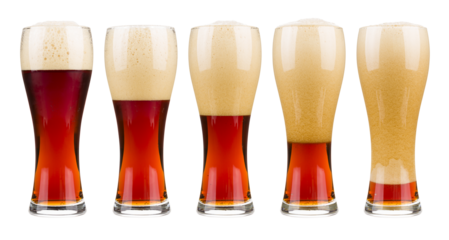 Five glasses of red beer in filling up in sequence, png isolated on transparent background