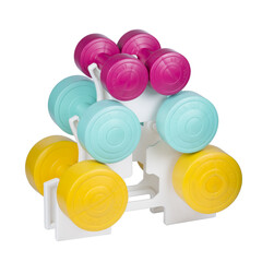 Stack of bright colored athletic rubber dumbbells, png isolated on transparent background