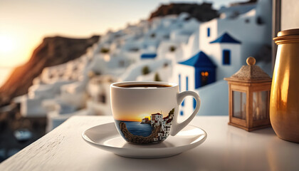 Cup of coffee on blurred background of picturesque Greek village. Romantic view. Based on Generative AI - obrazy, fototapety, plakaty
