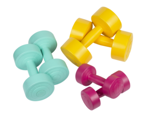 Three pairs of bright colored athletic rubber dumbbells, png isolated on transparent background