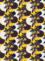 Seamless pattern with olive branch and circles on the yellow background