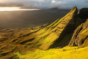 Golden light at The Quiraing seen from Dun Dubh on The Isle of Skye, Scotland, UK. - 578044393