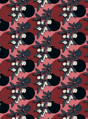 Seamless pattern with olive branch and circles on the pink background