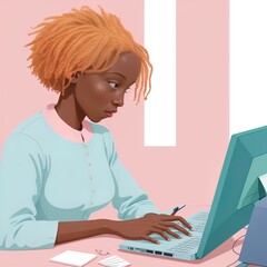 Black woman working on computer. Pastel shades. Great for business, wfh, entrepreneur etc. 