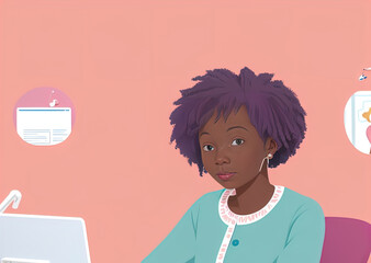 Black woman working on computer. Pastel shades. Great for business, wfh, entrepreneur etc. 