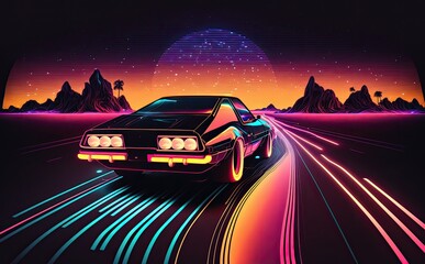Obraz na płótnie Canvas Neon Retro Sci-Fi Background. Futuristic landscape and design of the 80s. Car. Generative AI