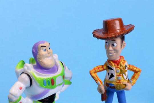 Magdalinovka, Ukraine - March 1, 2022. Sheriff Woody and Buzz Lightyear characters from Toy Story