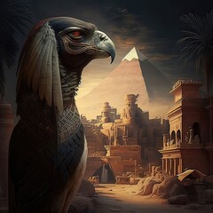 Light effects and pyramids at night , future scene with glowing lights, a sandy desert, beams of light. Egypt fantasy. Mysterious pyramids, annubis, mystical landscape. Generative of AI - obrazy, fototapety, plakaty