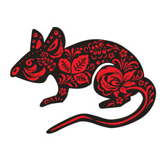 Black mouse, rat with flower painting in ethno red color and vector illustration
