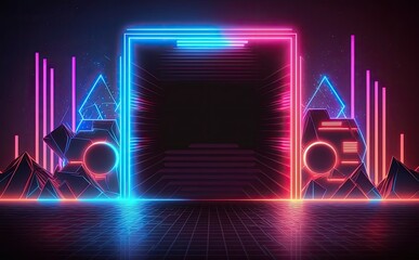 Neon Retro Sci-Fi Background. Futuristic landscape and design of the 80s. Generative AI