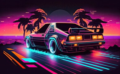 Obraz na płótnie Canvas Neon Retro Sci-Fi Background. Futuristic landscape and design of the 80s. Car. Generative AI