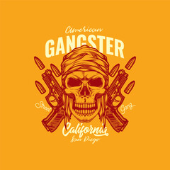 Original vector illustration in retro style. Skull bandit on the background of two guns. T-shirt or sticker design.