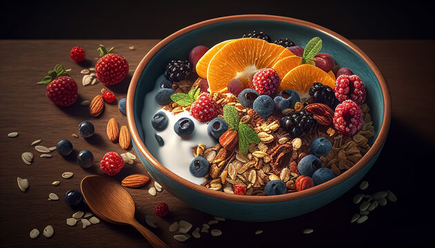 BOL DE CEREALES Y FRUTAS. DESAYUNO SALUDABLE. ILUSTRACION. COLOR. IA GENERATIVA. HORIZONTAL.