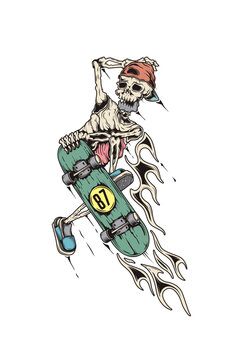 Original vector illustration in vintage style. The skeleton doing a trick on a skateboard. T-shirt design, design element.