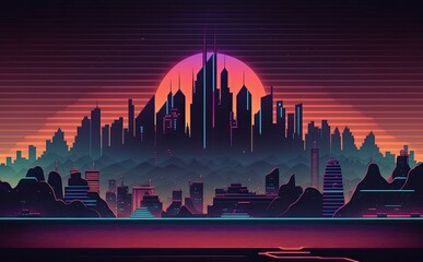 Neon Retro Sci-Fi Background. Futuristic landscape and design of the 80s. Sunset. Generative AI