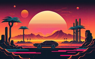 Neon Retro Sci-Fi Background. Futuristic landscape and design of the 80s. Sunset. Generative AI