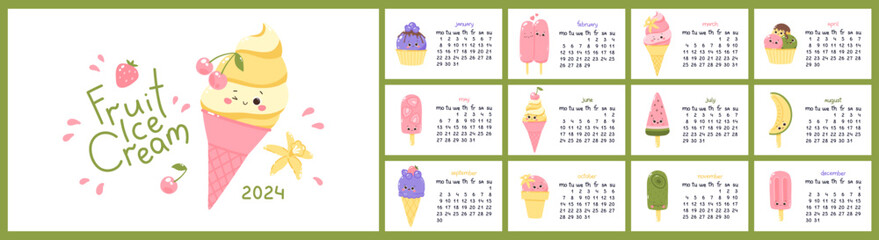 Vector calendar 2024 year with illustrations of cute kawaii fruit ice creams characters. Letters and numbers are handwritten. The week starts on Monday. Horizontal format. Includes cover