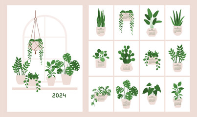Vector calendar for 2024 with illustrations of houseplants in pots. Letters and numbers are handwritten. The week starts on Monday. Vertical format. Includes cover
