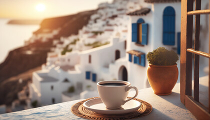 Cup of coffee on blurred background of picturesque Greek village. Romantic view. Based on Generative AI - obrazy, fototapety, plakaty