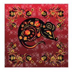 Banner mouse, rat symbol of the year, style of Khokhloma painting and ethno, illustration