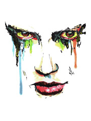 Here is a watercolor portrait of a woman’s face with multi-colored tears streaming down her face. This is a vector image.