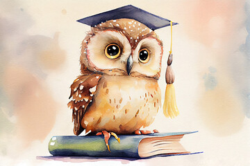 Very cute little owl in a graduation cap sits on a book. Baby watercolor illustrations. Generative AI.