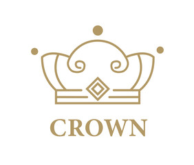 Gold crown icon. Elegant logotype for premium hotel. Sticker for social networks and messengers. Monarchy and aristocracy, medieval kingdom. Cartoon flat vector illustration
