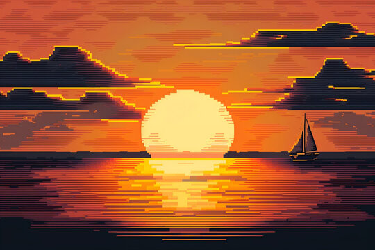 A sunset with a boat in the ocean in a low res pixel art