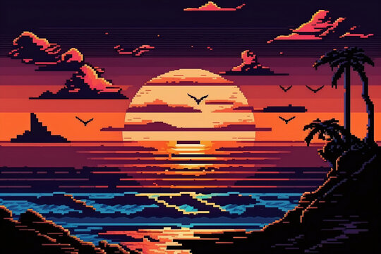 A sunset in a low res pixel art