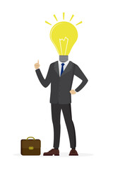 Businessman with glowing light bulb instead of head. Pitching new ideas concept. Big one solution and creative idea. Creativity, brainstorming and imagination. Visionary entrepreneur.