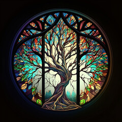 A tree on a stained glass window