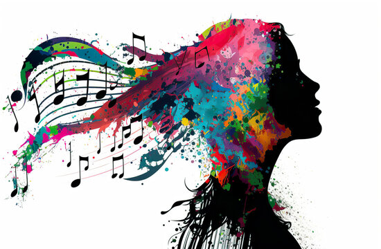 Female musician silhouette with musical notes. Listening to music calms everyone down and inspires them to sing. AI generated illustration.