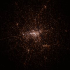 Hattiesburg (Mississippi, USA) street lights map. Satellite view on modern city at night. Imitation of aerial view on roads network. 3d render