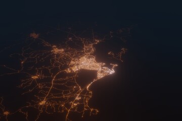 Aerial shot of Cartagena (Colombia) at night, view from north. Imitation of satellite view on modern city with street lights and glow effect. 3d render