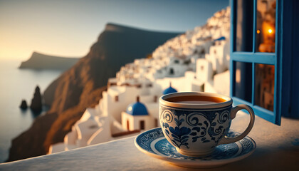 Cup of tea on blurred background of picturesque Greek village. Romantic evening view. Based on Generative AI - obrazy, fototapety, plakaty