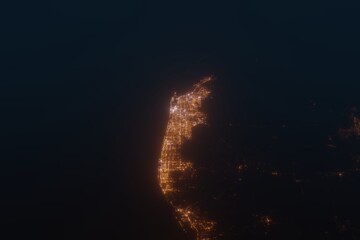 Fototapeta na wymiar Aerial shot of Miami area (Florida, USA) at night, view from north. Imitation of satellite view on modern city with street lights and glow effect. 3d render