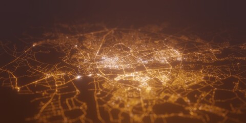 Street lights map of Brest (Belarus) with tilt-shift effect, view from south. Imitation of macro shot with blurred background. 3d render, selective focus