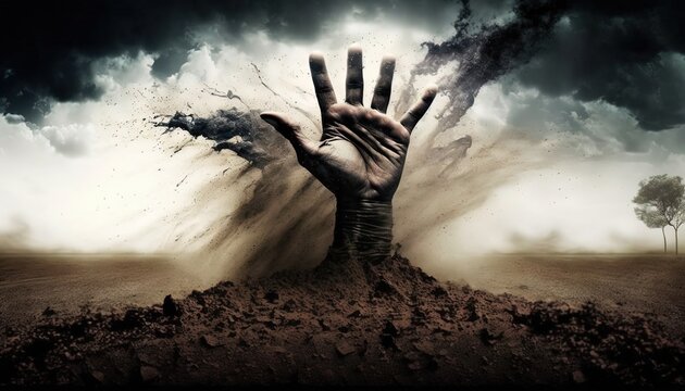a hand reach out from ground, idea for resurrection and Halloween holiday theme background wallpaper, Generative Ai