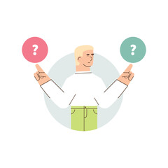 Illustration of man making a choice between two solutions. A man decides to make a choice, prioritises and doubts. Flat vector illustration for infographics.