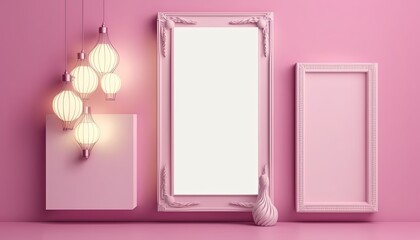 empty mockup picture frame with string light on pink background , Generative Ai