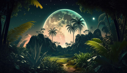Fantastic jungle in the evening, big moon in the sky, wallpaper, created with Generative AI technology.
