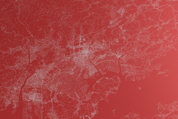Map of the streets of Okayama (Japan) made with white lines on red paper. Top view, rough background. 3d render, illustration