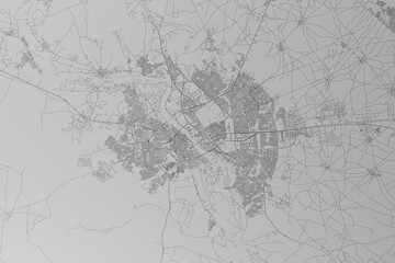 Map of the streets of Mosul (Iraq) made with black lines on grey paper. Top view. 3d render, illustration