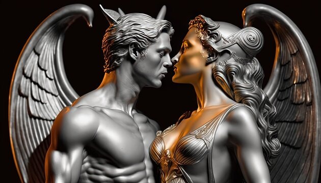 beautiful sculpture of angle couple lover kissing , Generative Ai