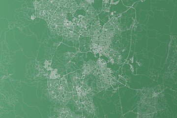 Stylized map of the streets of Canberra (Australia) made with white lines on green background. Top view. 3d render, illustration