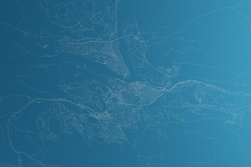 Map of the streets of Kamloops (Canada) made with white lines on blue paper. Rough background. 3d render, illustration