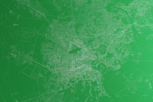 Map of the streets of Ho Chi Minh (Vietnam) made with white lines on green paper. Rough background. 3d render, illustration