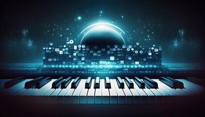 Fototapeta na wymiar piano keyboard with glow light abstract background, Generative Ai