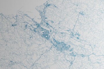 Map of the streets of Bilbao (Spain) made with blue lines on white paper. 3d render, illustration